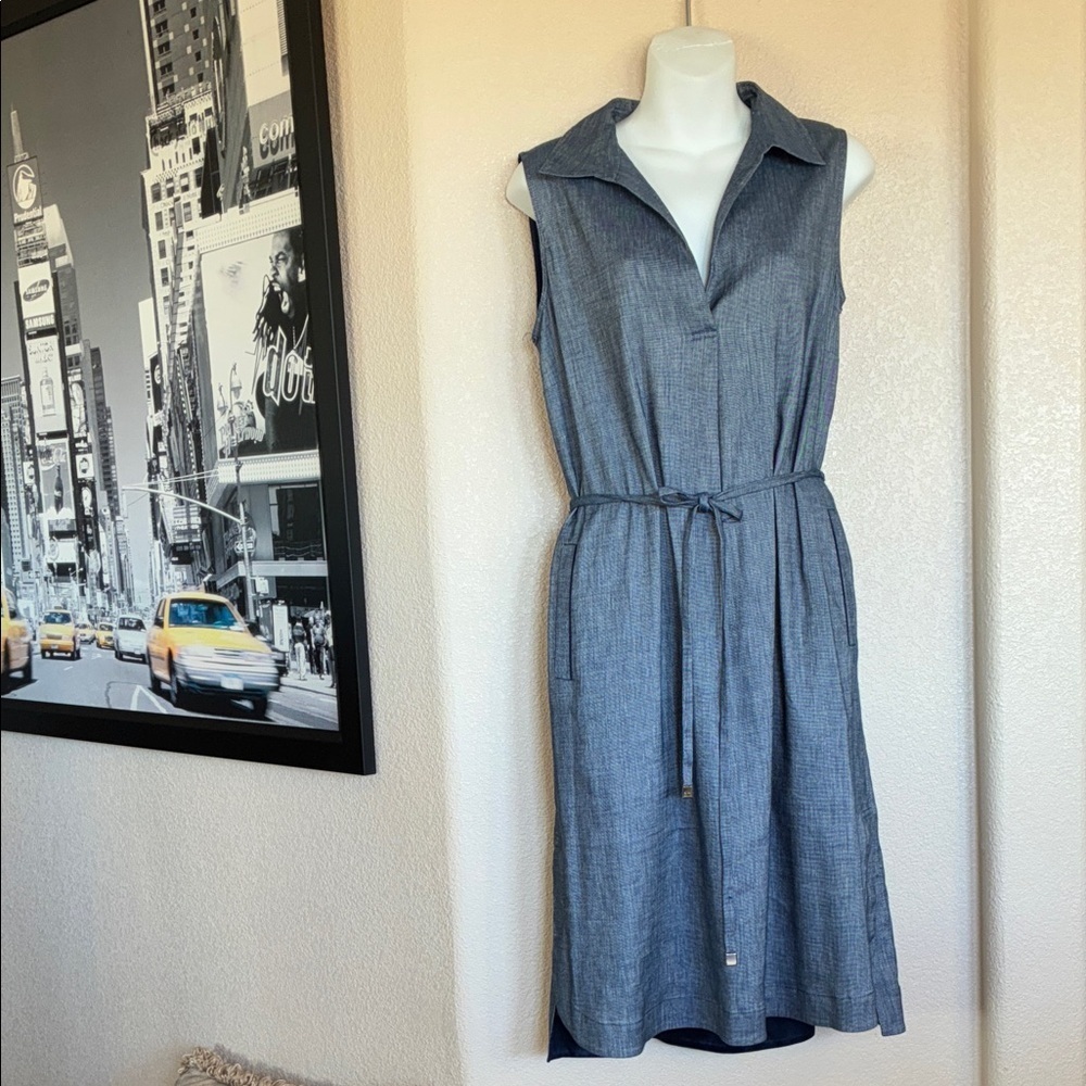 BEAUTIFUL Lustrous Blue Linen Dress, Sleeveless Pockets, Belt, Side Slits L EUC - Picture 4 of 16